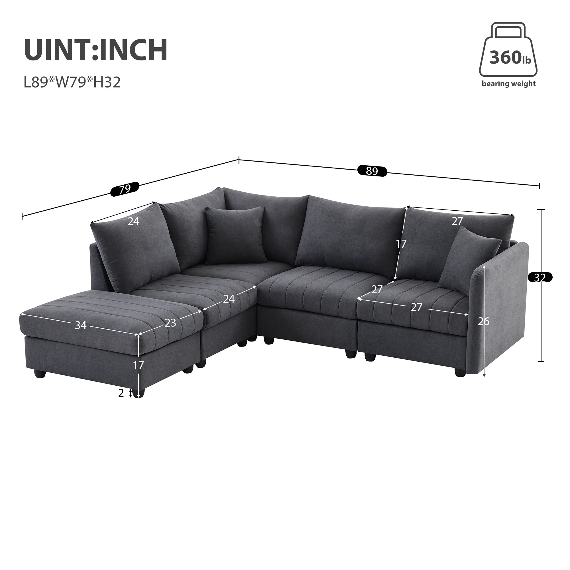89 inch L-Shape Sectional Sofa Modern 5-Seat Couches Sets