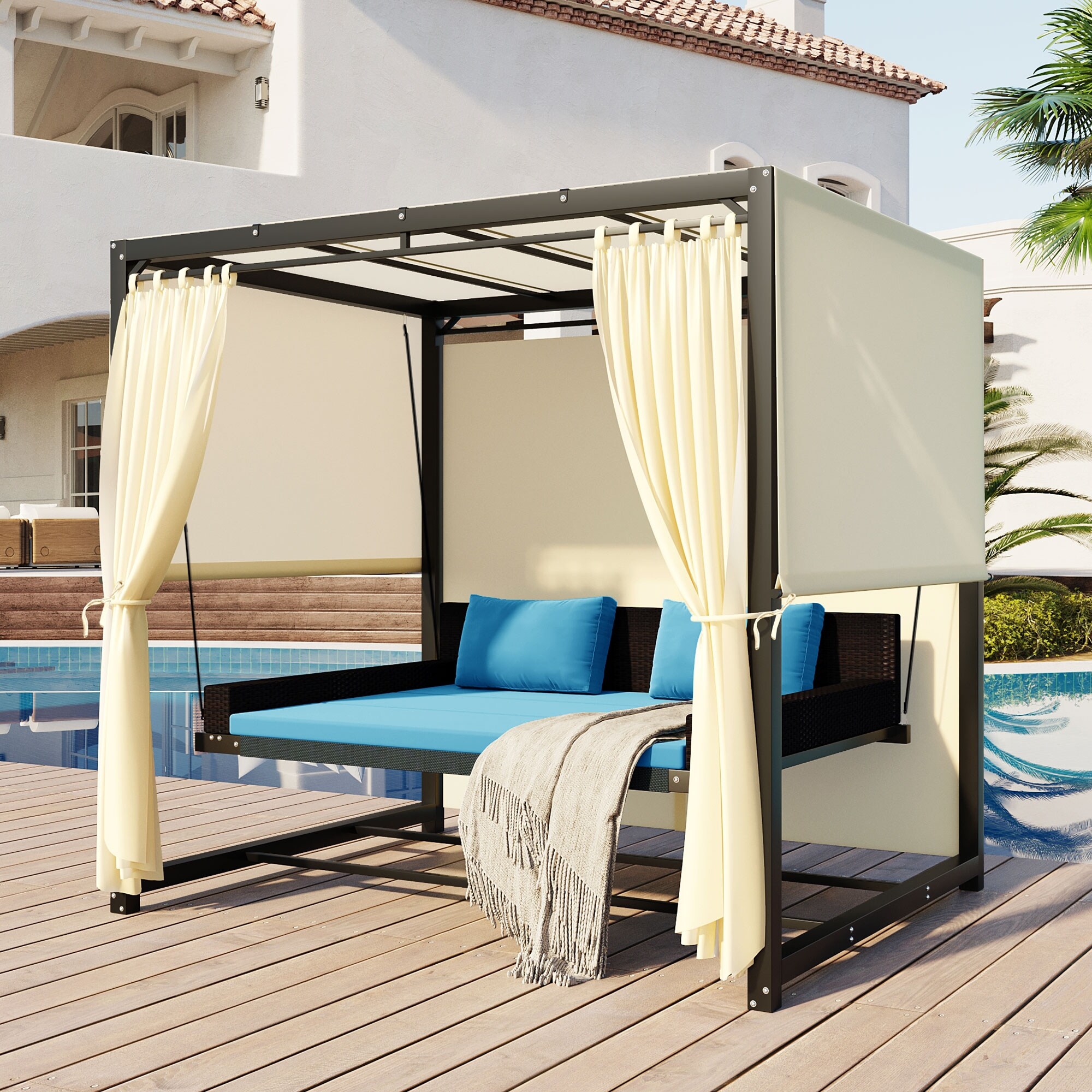 PE Rattan Outdoor Patio Furniture Set, Outdoor Swing Bed Sunbed