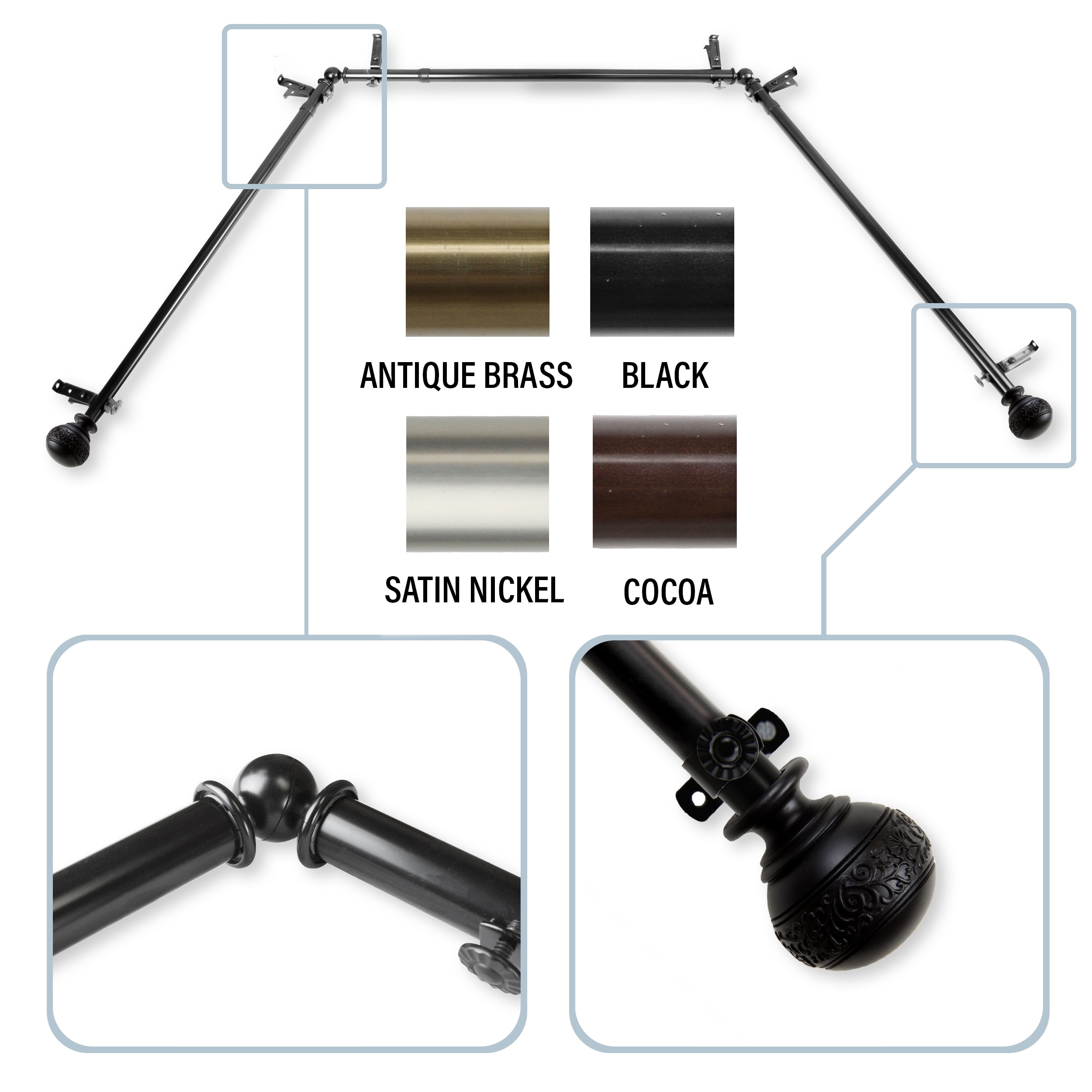 InStyleDesign Nadine 13/16" Bay curtain rod 20"-36", 38"-72"