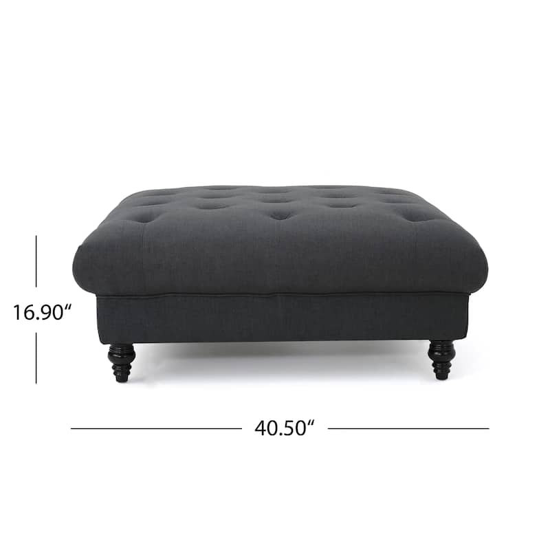Capri Ottoman, Tufted Dark Gray Fabric, Birch Wood, Square 41 Inch