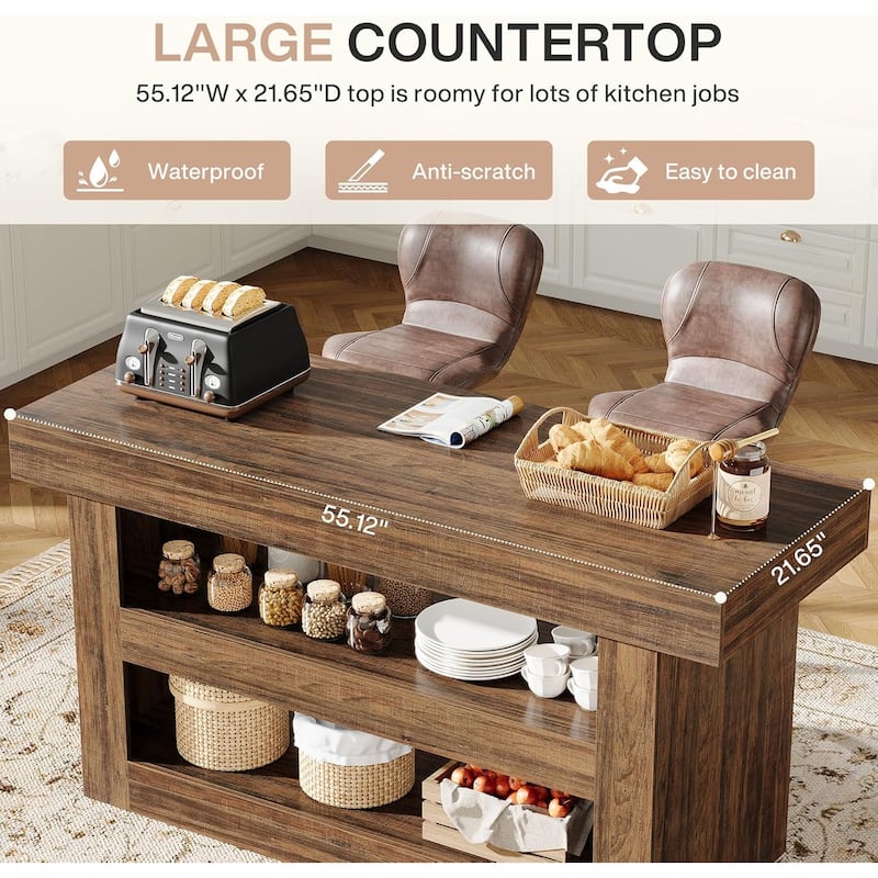 55-Inch Kitchen Island with Storage, 3-Tier Island Table with Large Countertop for Kitchen, Dining Room