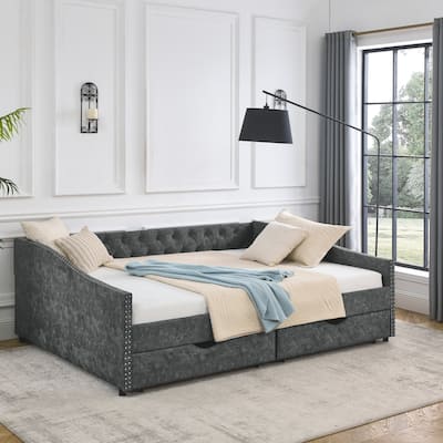 2 in 1 Pull Out Couch Bed Queen Size Daybed with Drawers Upholstered Tufted Sofa Bed,with Button on Back and Copper Nail