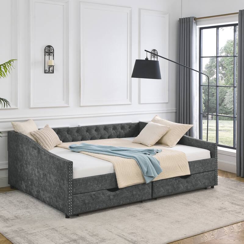Queen Size Linen Upholstered Daybed Frame with 2 Drawers & Tufted Backrest - Grey