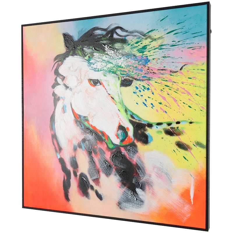 Multi Colored Canvas Abstract Paint Splatter Horse Framed Wall Art with Black Frame - Multi-Color