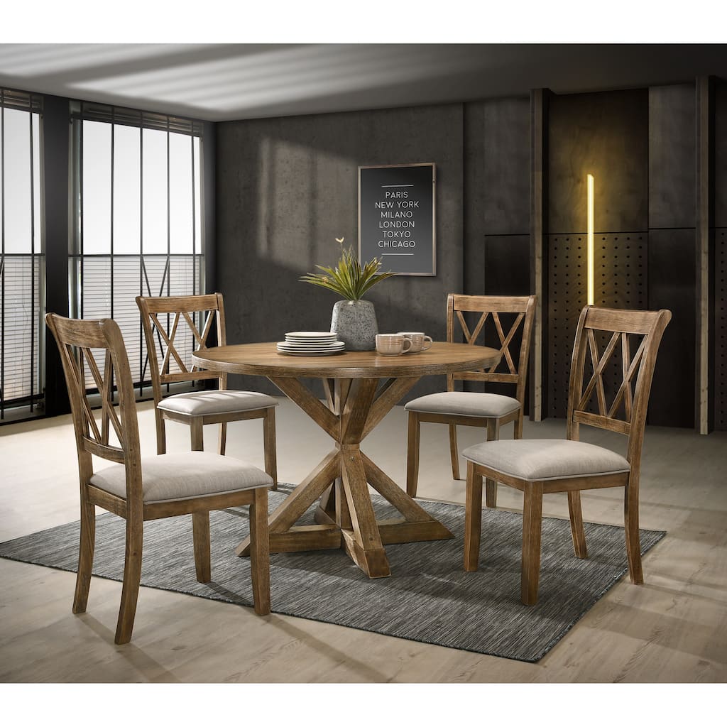Wooden Dining Table Set of 5, Rustic Round Dining Table with 4 Upholstered Seats, Sophisticated Living Room Dining Table