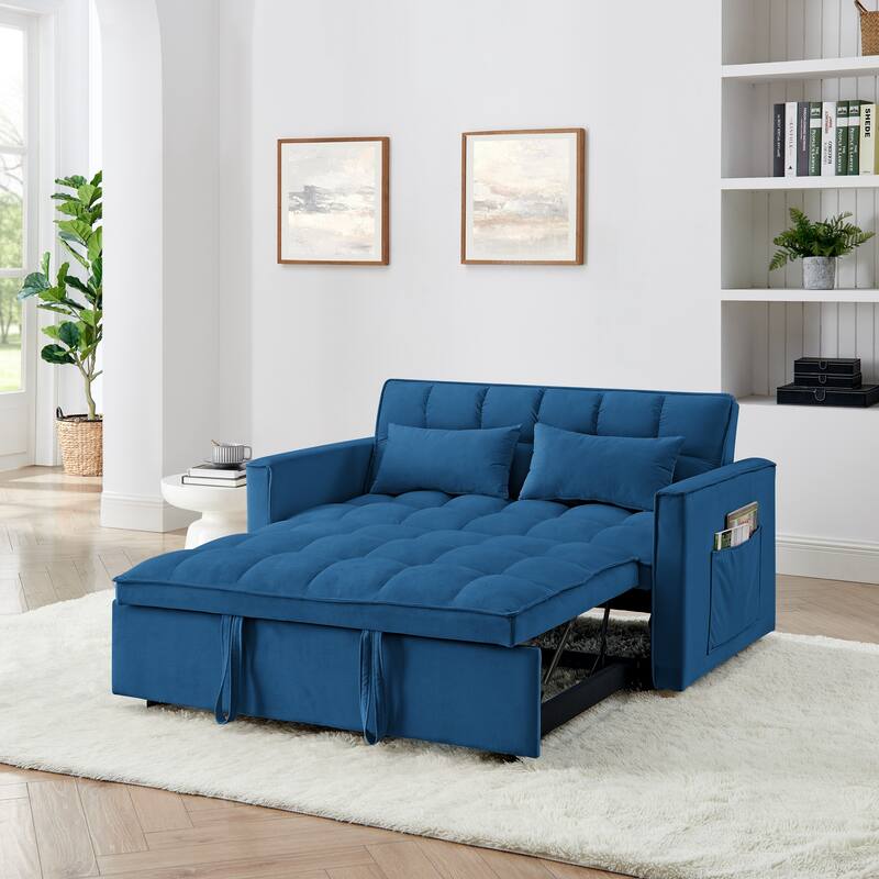 Anmytek 54.33 Inch Space-Saving Velvet Sofa Bed - 3 Lengths Foldable Pull-Out Adjustable Back - Antique Blue