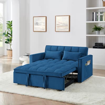 Velvet Foldable Sofa Bed, 3 In 1 Convertible Sofa Bed, Pull Out Couch Bed with Adjustable Backrest, Side Pockets & 2 Pillows