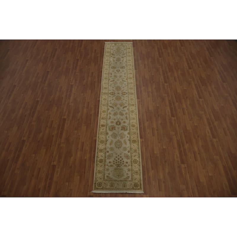 Hand Knotted Oriental 100% Wool Carpet Traditional Floral Beige & Ivories Peshawar Runner Rug - 13' 9'' X 2' 7''