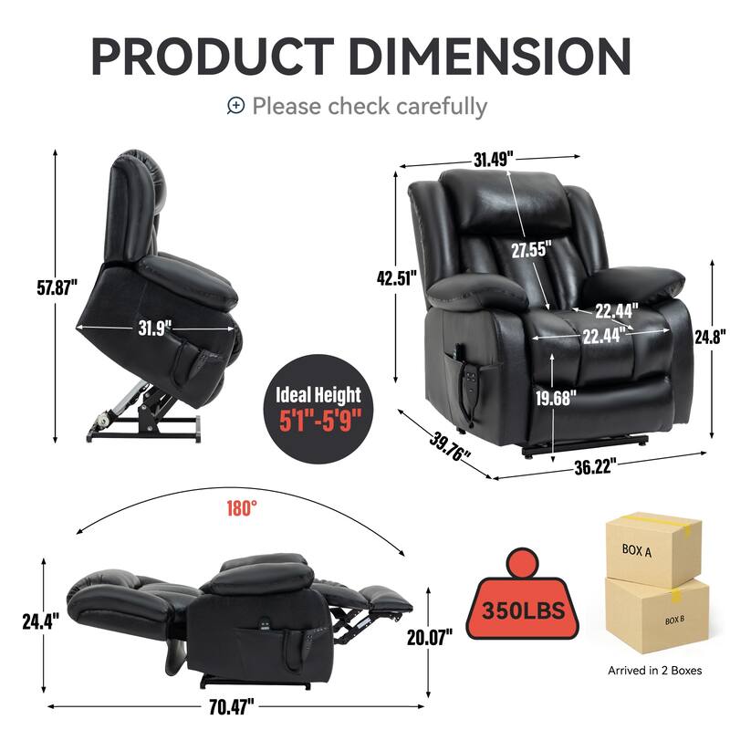 Roomfitters Dual Motor Power Lift Recliner, Infinite Position Massage Chair with 180-Degree Flat Recline, Heavy Duty