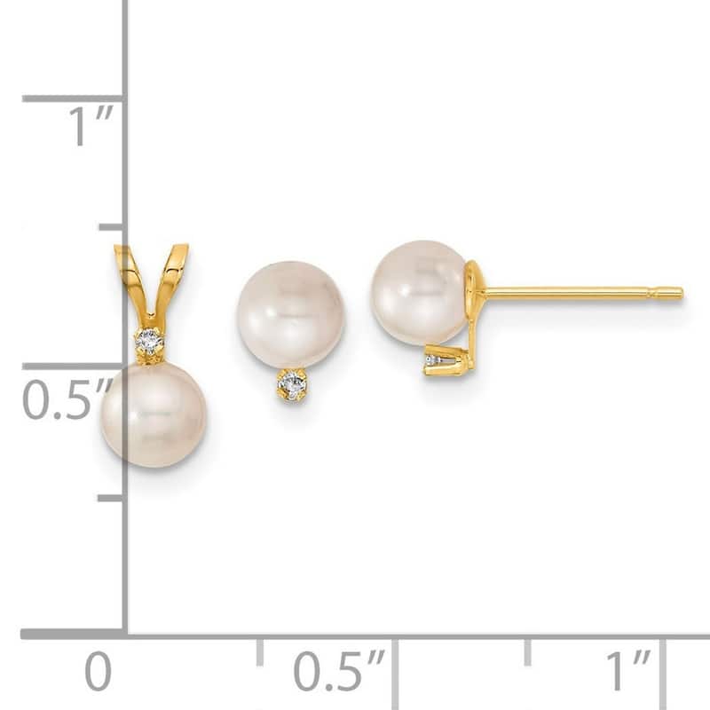 Curata 14k Yellow Gold 5-5.5mm Freshwater Cultured Pearl and Diamond Earrings Pendant Necklace Set