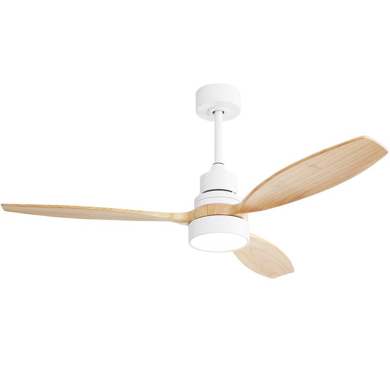 Sofucor 52-inch Solid Wood Ceiling Fan with LED Light,Remote Control Included,Reversible,Quiet and Powerful - With Light - White with Natural Wood Blades