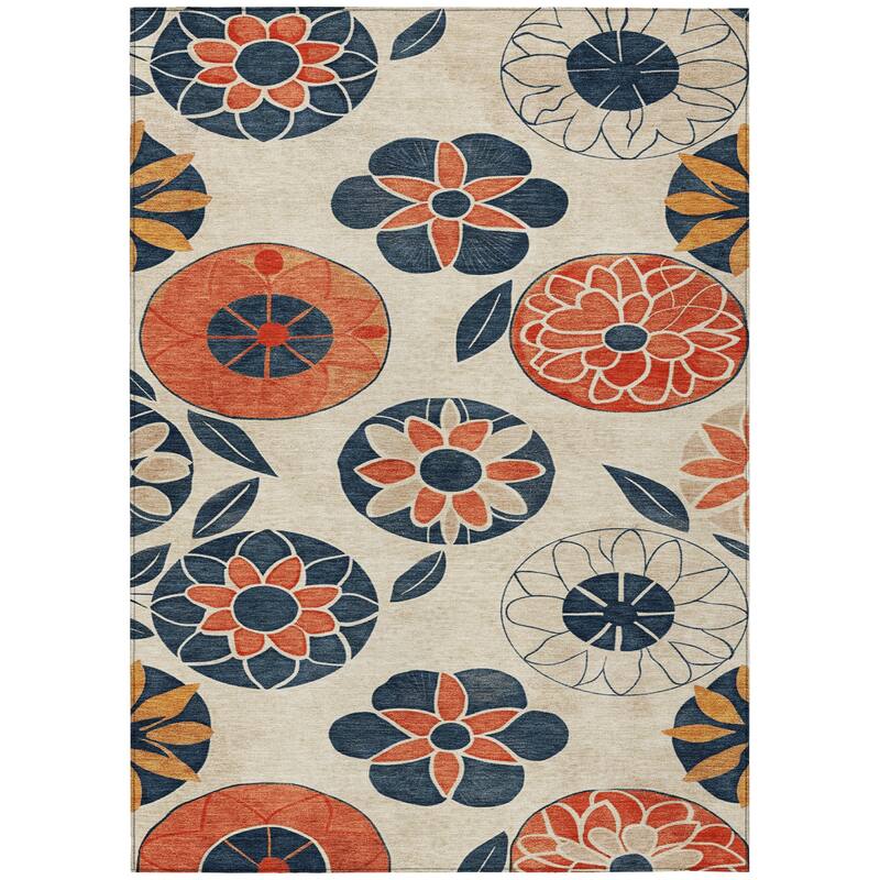 Machine Washable Indoor/Outdoor Transitional Floral Chantille Rug