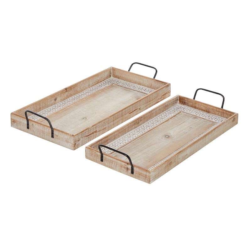 Wood Tray with White Wash - Set of 2 Brown - Roche River Decor - Brown
