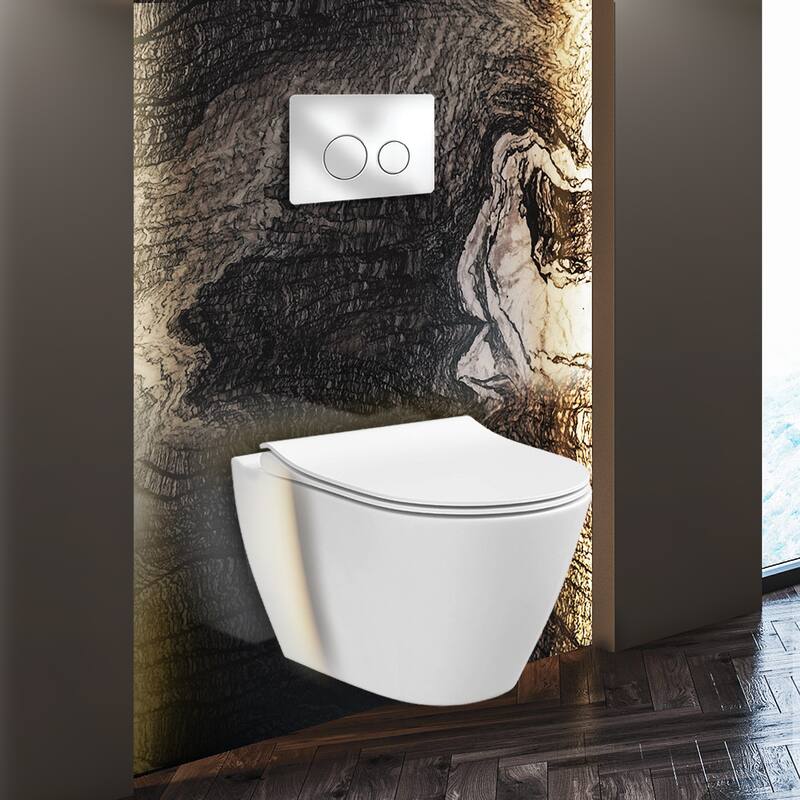 Toilet Combo Set - Toilet Bowl With Soft-Close Seat, 2"x 6" Concealed Tank And Carrier System, Push Buttons Included. - Chrome Round - Push Plates (Metal)