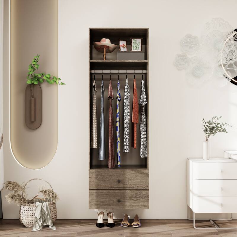 Modular Closet System Organizer with Hanging Rod and Adjustable Shelves, Wall-Mounted Walk in Closet Organizer with Drawers - Brown-A12