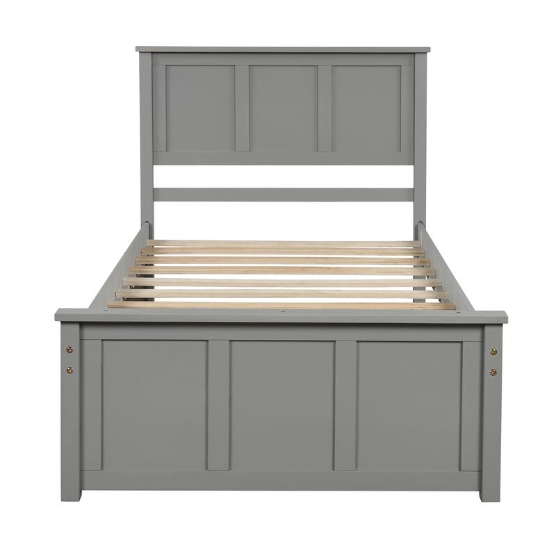 Gray Twin Platform Bed with Trundle, Solid Wood and MDF Frame, Space-Saving Design