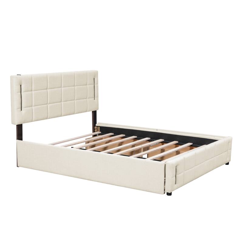 Queen Size Upholstered Storage Platform Bed with Trundle and USB Ports