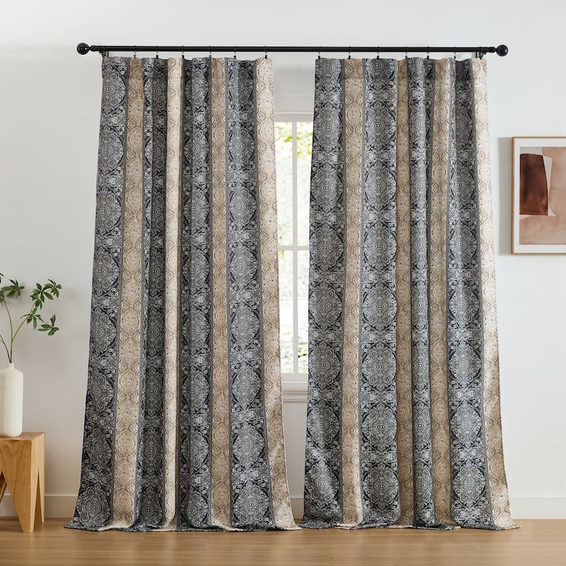 HLC.ME William Boho Damask Striped Window Back Tab Rod Pocket Curtains - Light Blocking Darkening Panels, Set of 2