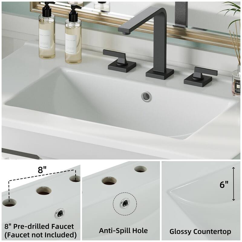 Bathroom Vanity with Ceramic Sink, Freestanding Bathroom Storage Cabinet, Fluted Bathroom Vanity with 2 Full-Extension Drawers