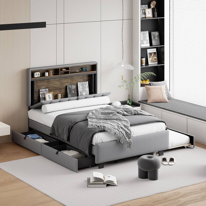 Full size Upholstered Platform Bed w/Storage Headboard, Trundle & 2 drawers,Sockets & USB Ports - Grey