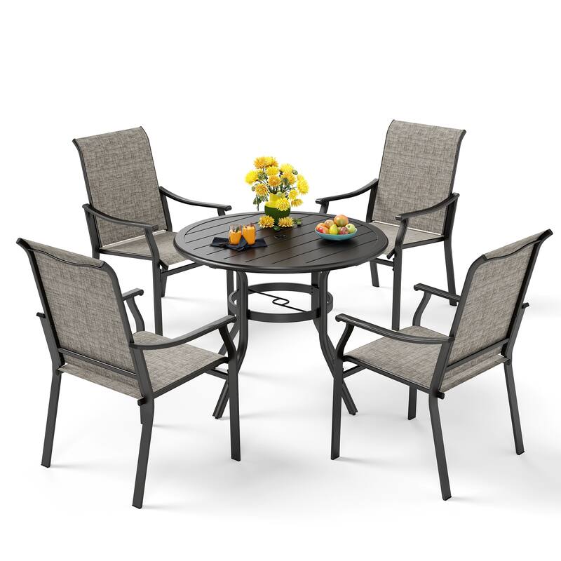 MAISON ARTS 5/7-Piece Patio Dining Set, Round Metal Table and 4/6 Textilene Fabric Padded Armchairs