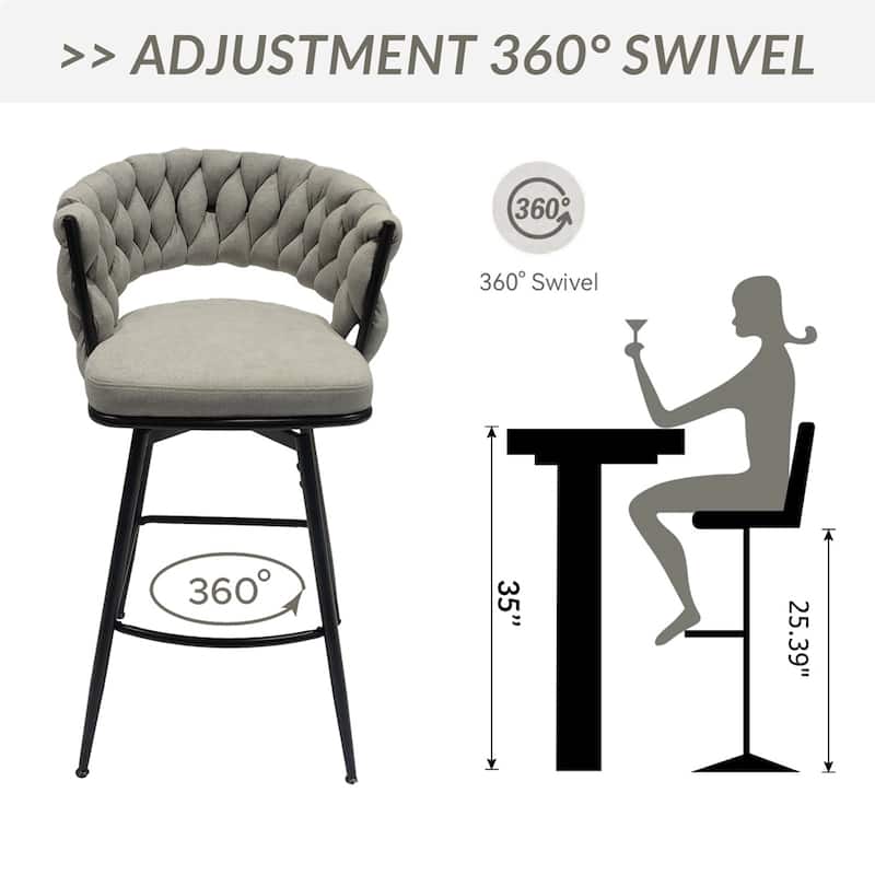 360 Swivel Linen Woven Bar Stool with Back Footrest (Set of 2)