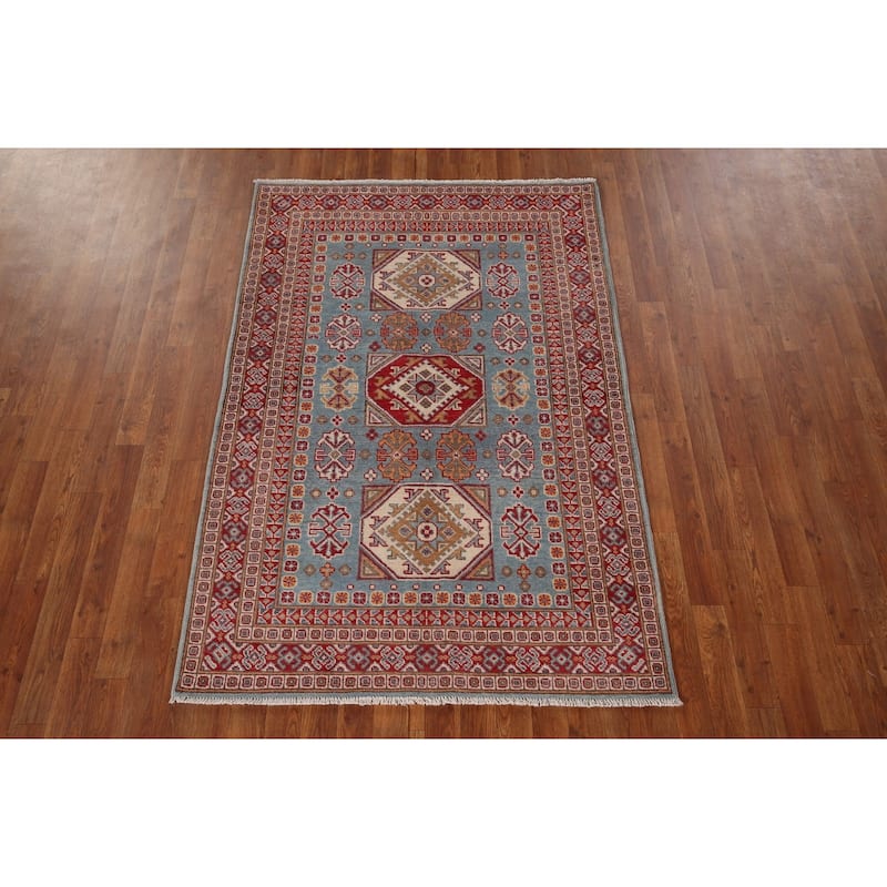 Light Blue Geometric Kazak Oriental Rug Bedroom Handmade Wool Carpet - 3'11" x 5'10"