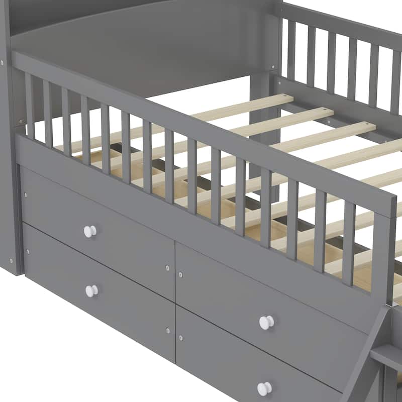 Twin Size Wooden Platform Bed Frame with 4 Storage Drawers, Guardrail Headboard and Ladder(No Box Spring Needed)