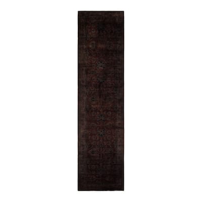 Overton Hand Knotted Wool Vintage Inspired Modern Contemporary Overdyed Brown Runner Rug - 3' 1" x 12' 7"