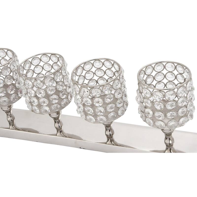 Aluminum Metal Pillar 5 Crystal Sleeve Decorative Candelabra - Silver - Roche River Decor