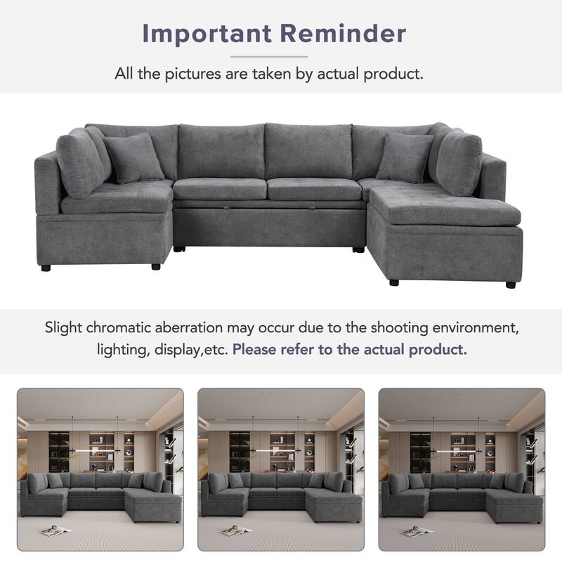 117" U-Shaped Oversized 6-Seat Sectional Sofa with Chaise, Pull-Out Bed, and 2 Detachable Throw Cushions