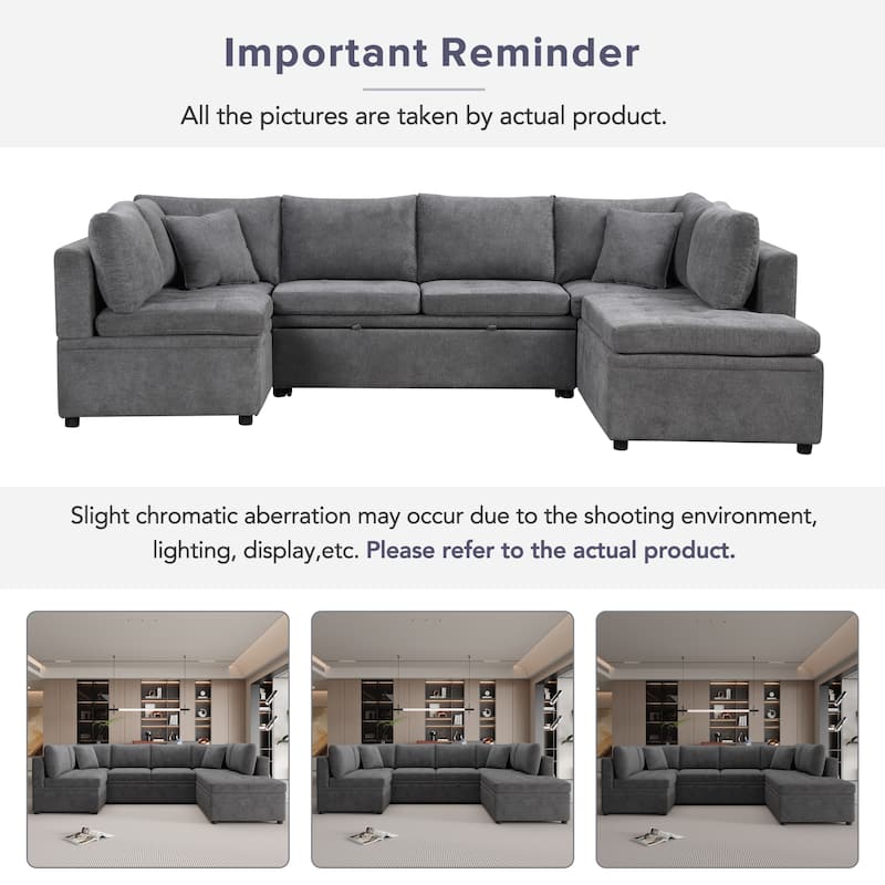 117.3" Oversized U-shaped Pull-out Sofa Bed, Gray Chenille, 2 Pillows