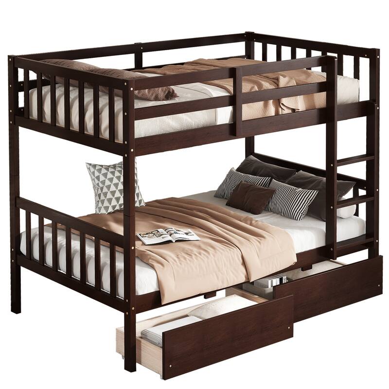 Rubber Wood Frame Bunk Beds with Wheels, Ladder and Safety Guardrails Convertible into 2 Beds - Available with Drawer or Trundle
