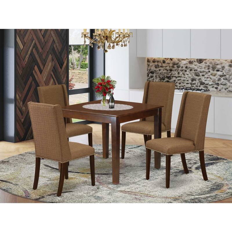 HomeStock 5-Pc Mahogany Finish Solid Wood Top - Dining Room Set with High Back - Seats 4