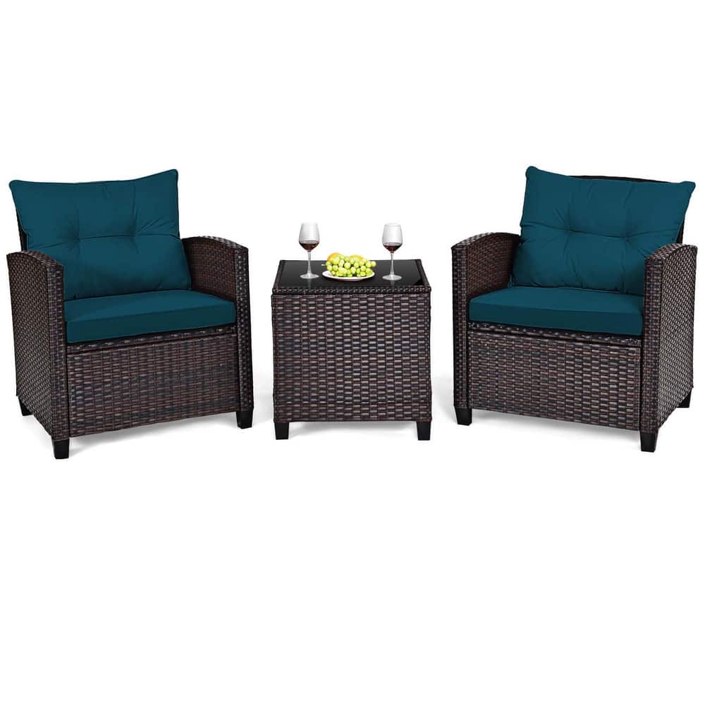 Gymax Set of 3 Rattan Furniture Set Patio Cushioned Conversation Set
