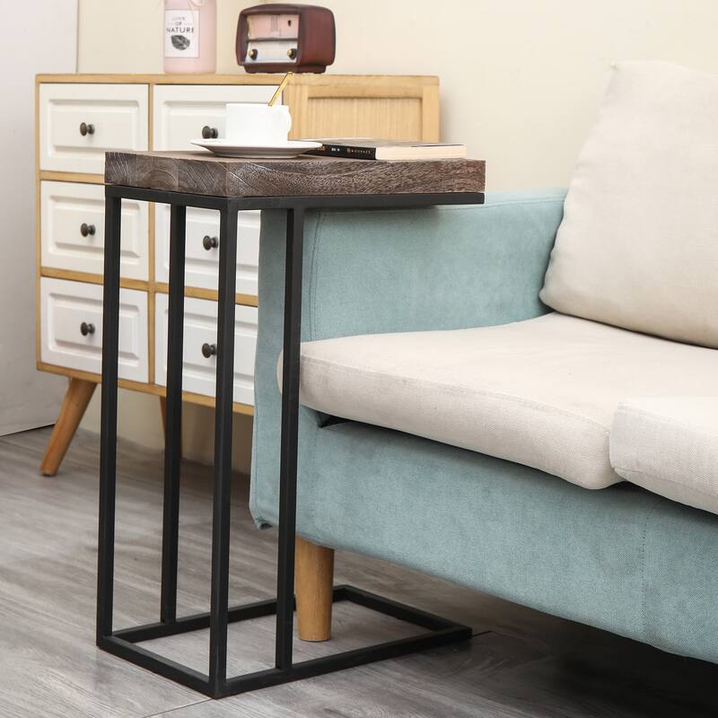 Proman Products Breeze Casual C Shaped End Table with Steel Base, Walnut, Torch Carbon finish, 16" W x 10" D x 24" H