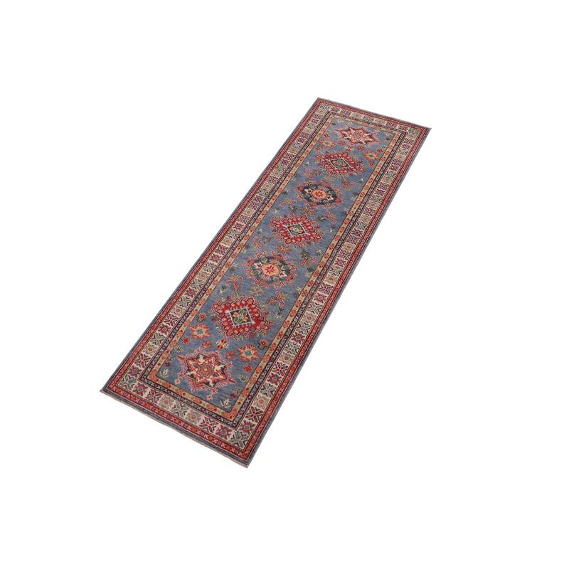 Rustic Kazak Isla Light Blue/Beige Wool Runner - 2'8'' x 9'6''