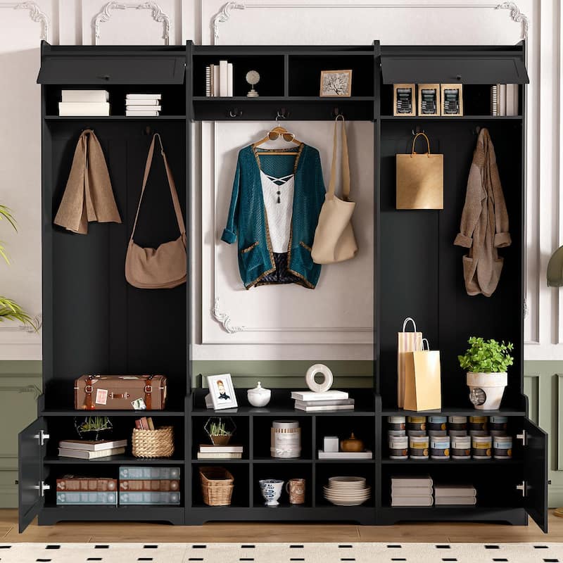 79.1'' Wide Modern Hall Tree with 8 Cubbies, 7 Coat Hooks & Adjustable Shelf