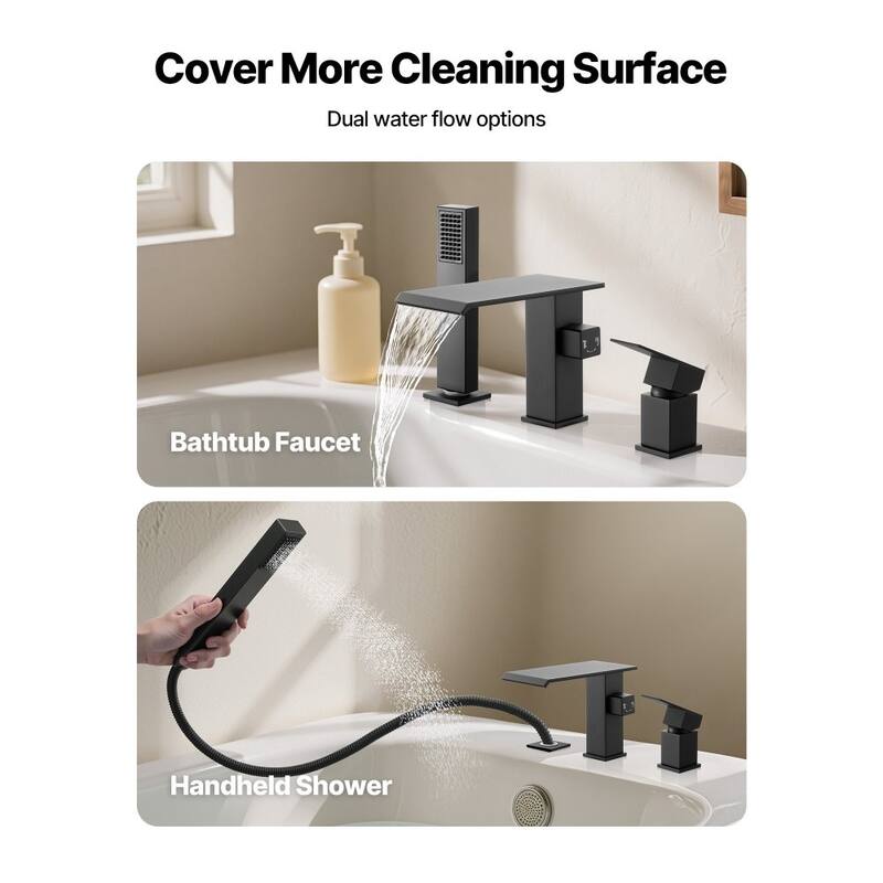 Roman Tub Faucet 3 Hole Waterfall Bathtub Faucet with Shower Head 1 Handle - 8.66” x 7.48” x 3.86”