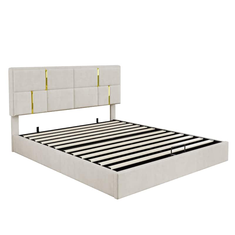 Luxury Lift-Up Queen Upholstered Platform Frame with Hydraulic Storage and Modern Gold Accents by Harper&Bright Designs