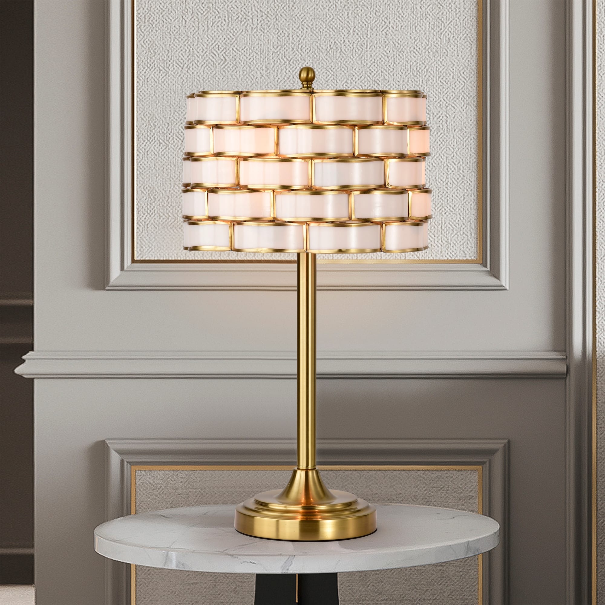 Warehouse of Tiffany Weldin Brass Trimmed White Glass Weaved Ribbon Shade Table Lamp