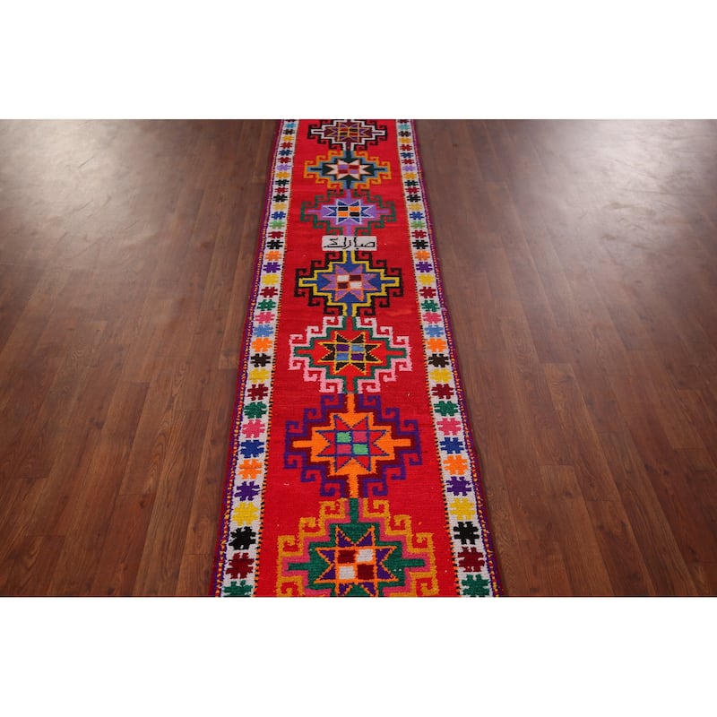 Tribal Anatolian Turkish Vintage Runner Rug Handmade Red Silk Carpet - 1'11"x 10'6"
