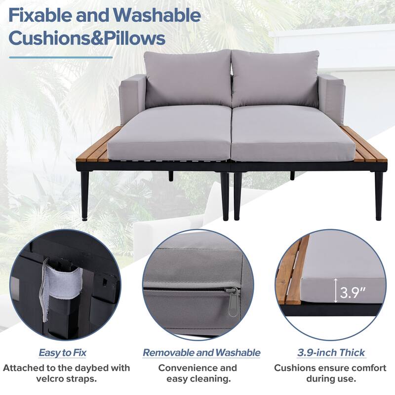 Modern Outdoor Daybed Patio Metal Daybed, 2 in 1 Padded Chaise Lounges for Poolside, Balcony, Deck, Beige