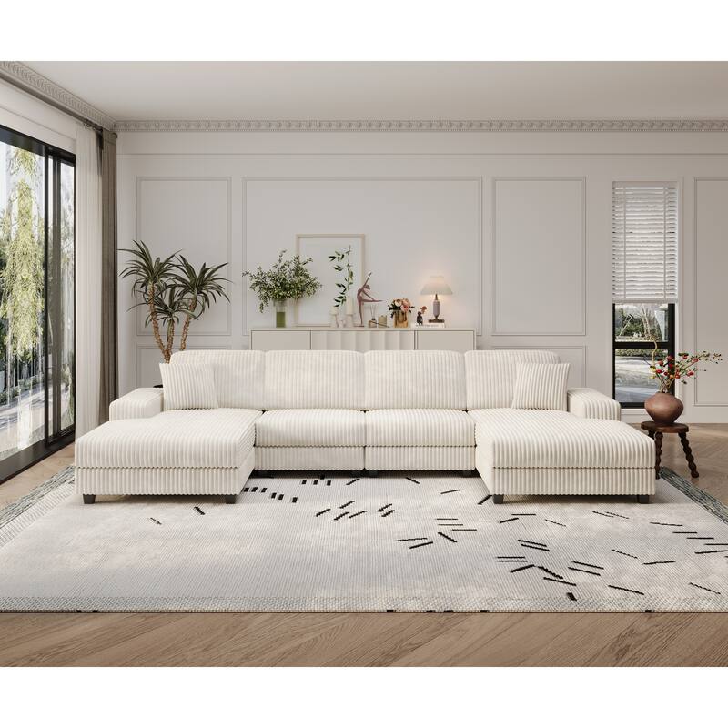 139.76" Corduroy U-Shaped Sectional Sofa with Storage Arms & Pocket Spring Cushions