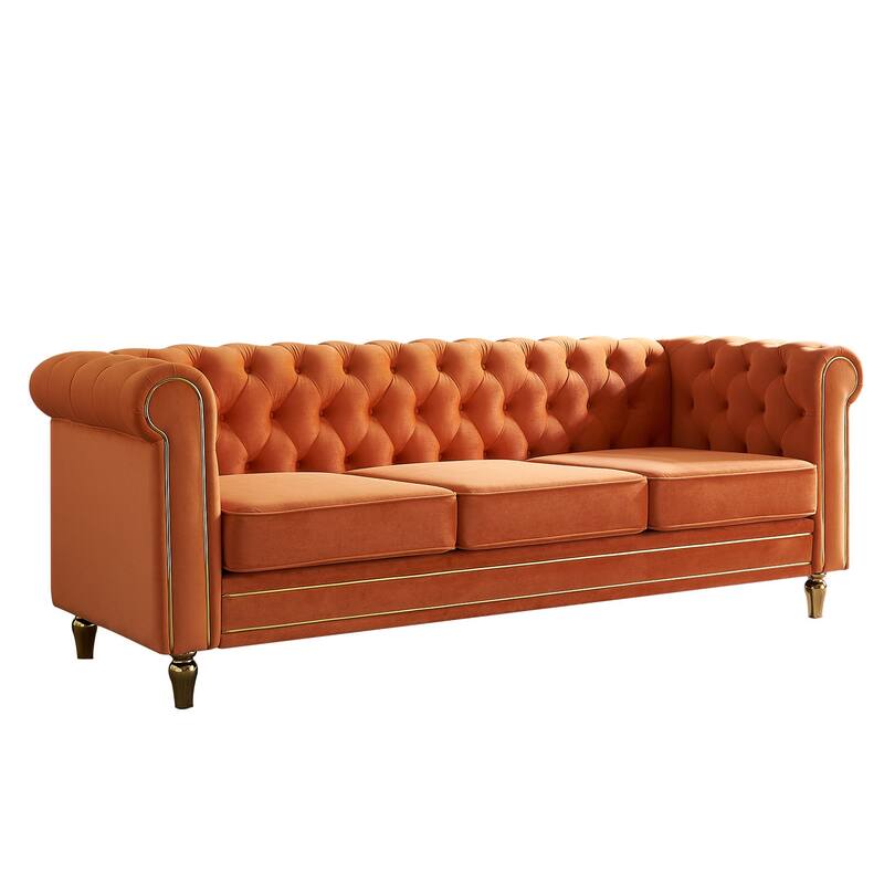 Modern Chesterfield Couch with Button Tufting, High-Density Foam & Gold Accents - 85'' Wide