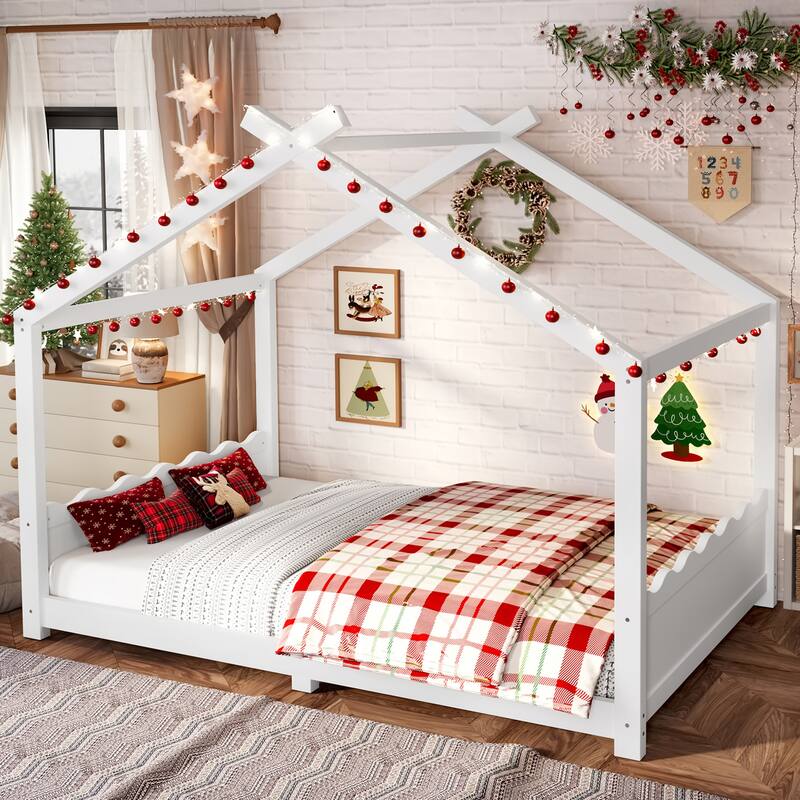 Montessori Bed Floor House Bed with Wave-shaped Headboard and Footboard