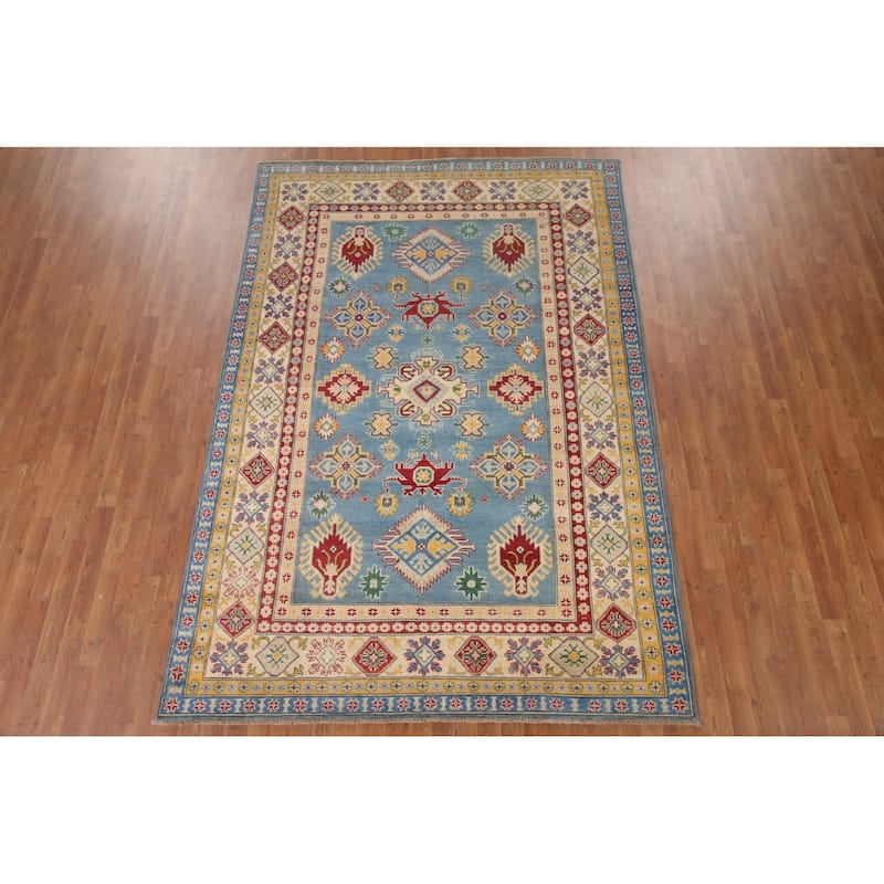 Hand Knotted Oriental 100% Wool Carpet Traditional Geometric Navy Blue & Blues Kazak Area Rug - 9' 6'' X 6' 6''