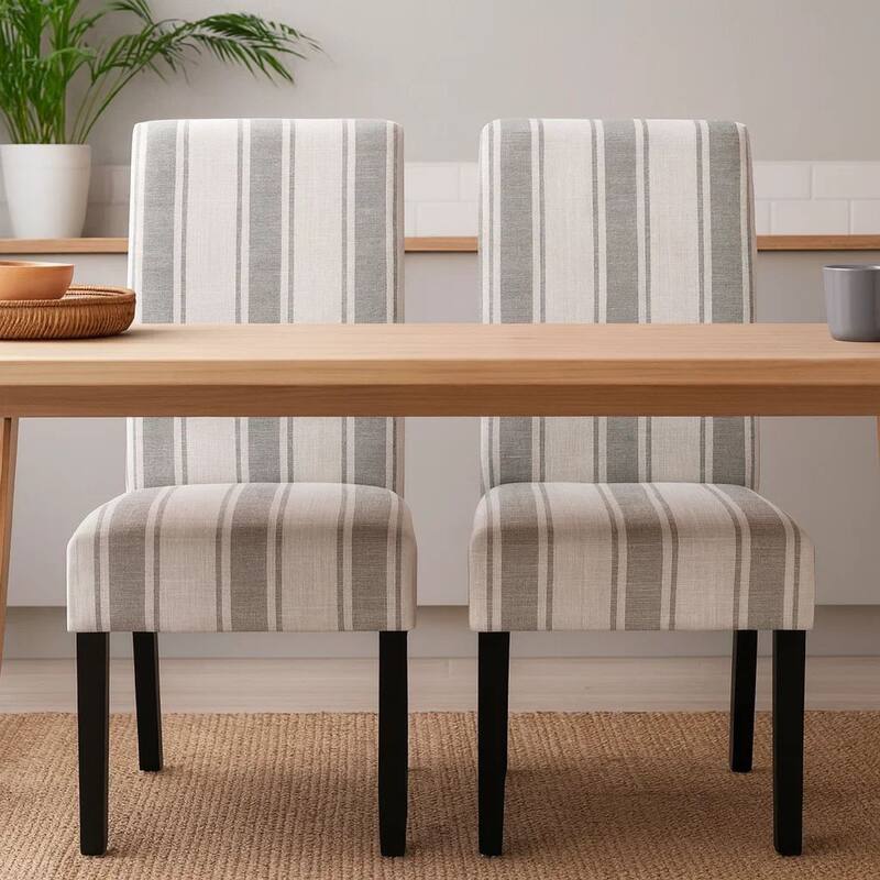 Dinner Chair Set of 2, Retro Style Armless Design, White Gray Stripes