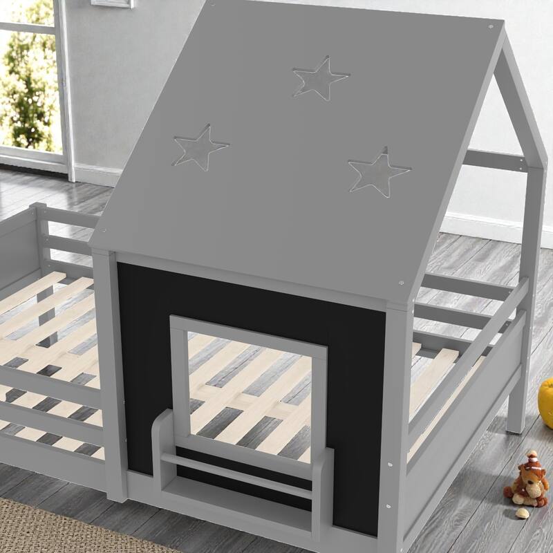 Kids House Platform Bed with Stairs, Star Roof, Window, Bookcase & Blackboard, Solid Wood Low Profile Bed No Box Spring