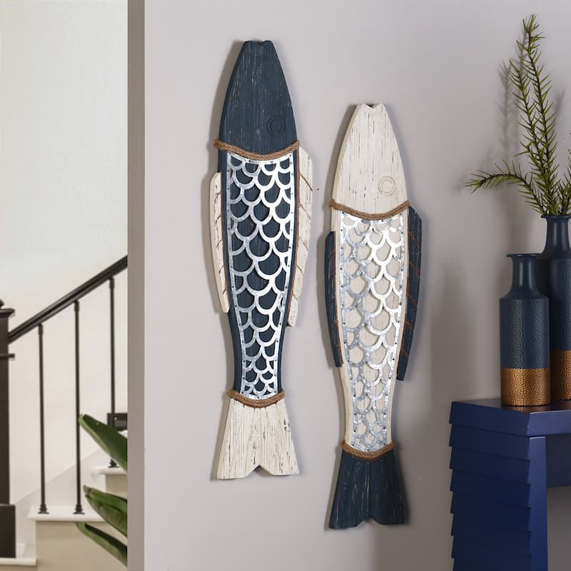 StyleCraft Couple Fish Dark Blue and White Wood Wall Décor (Set of 2)